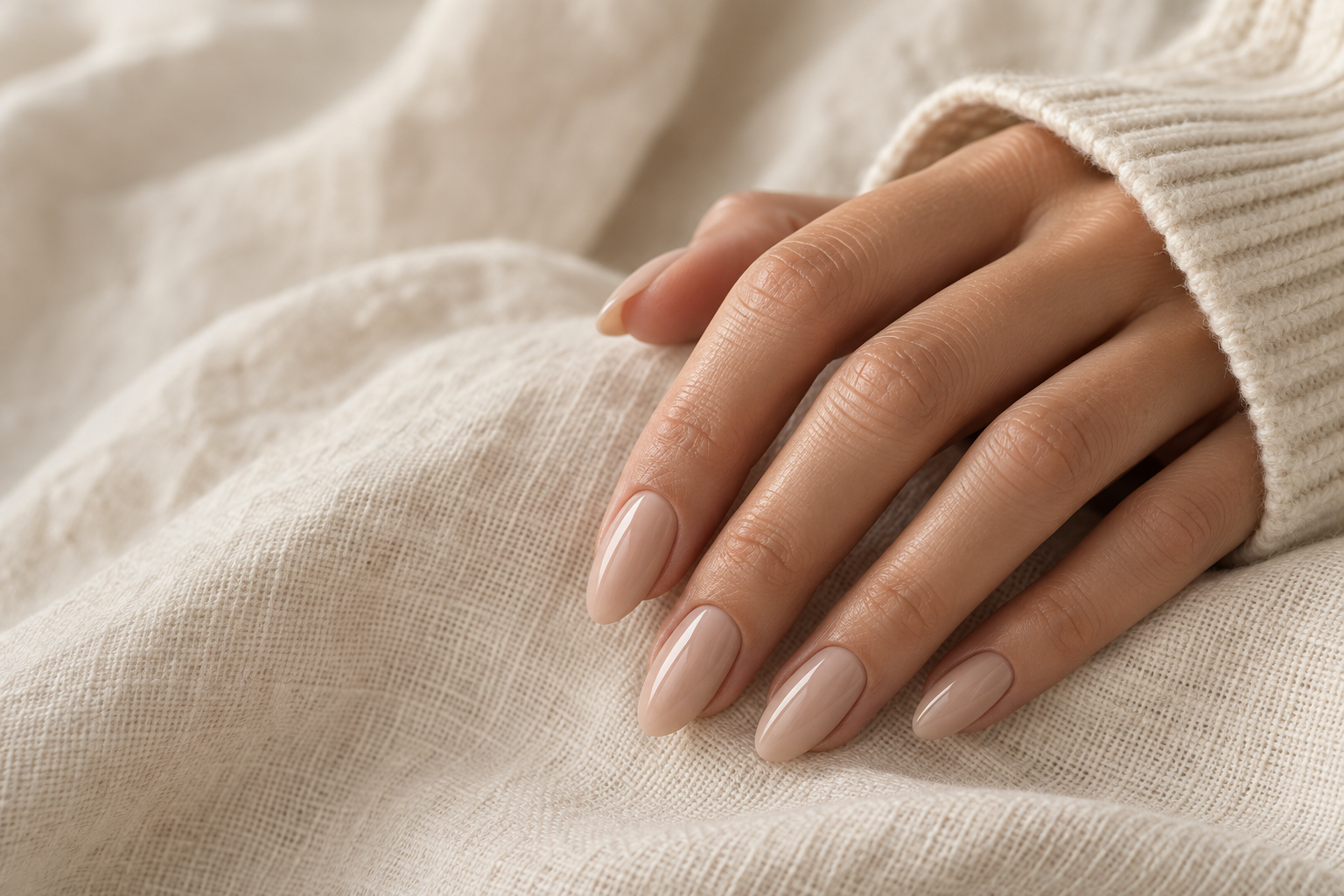 Glanzende nude amandelvormige nagels op een zachte crèmekleurige trui